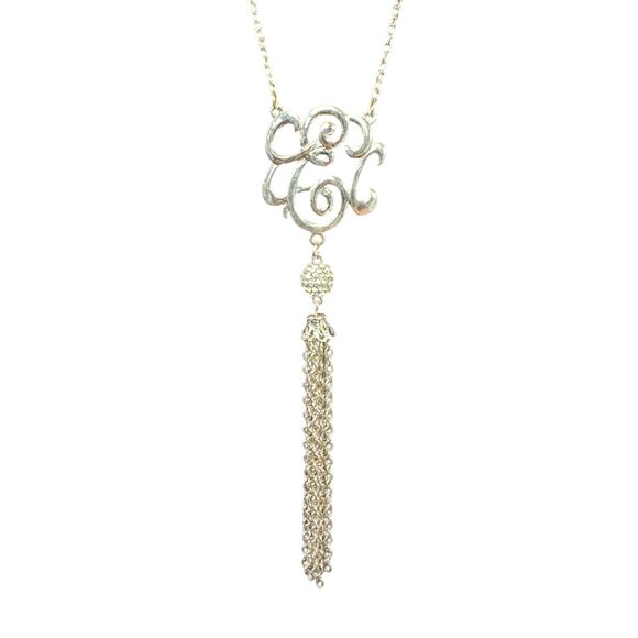 Long Silver Tone Tassel Pendant Necklace Swirl Design Elegant Statement Jewelry - Picture 3 of 4